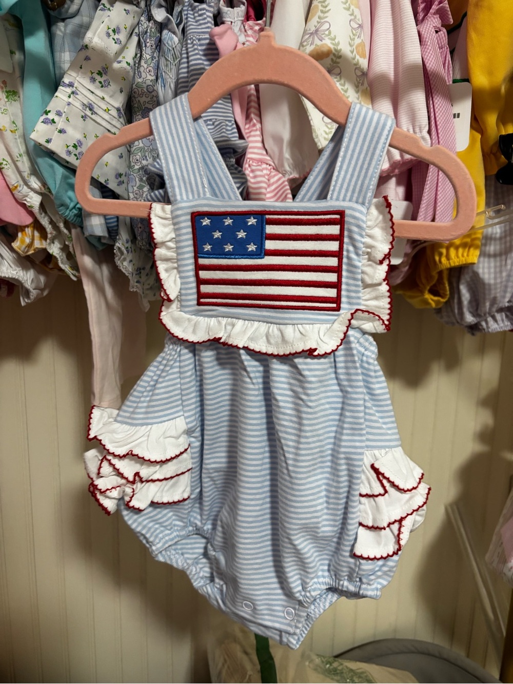 Girls Blue Striped American Flag Ruffle One-Piece